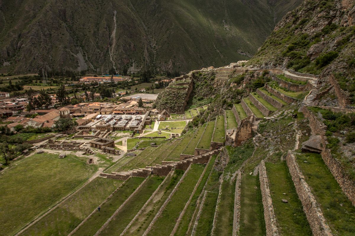 The Sacred Valley of the Peruvian Andes with terraced mountains and open sky